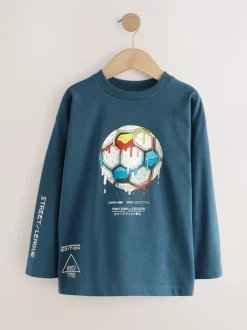 T-Shirts|Tops|Next Middelblauw voetbal - Relaxed Fit Graphic Long Sleeve Cotton T-Shirt (3-16yrs)