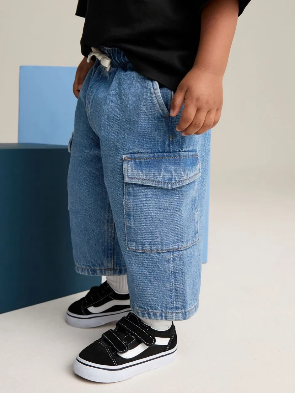 Jeans En Joggingbroeken|Jeans*Next - 100% katoenen cargobroek met wijde pijpen en elastische taille (3mnd-7jr) Middenblauw denim