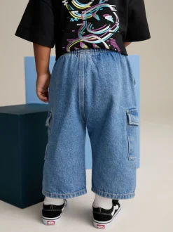 Jeans En Joggingbroeken|Jeans*Next - 100% katoenen cargobroek met wijde pijpen en elastische taille (3mnd-7jr) Middenblauw denim