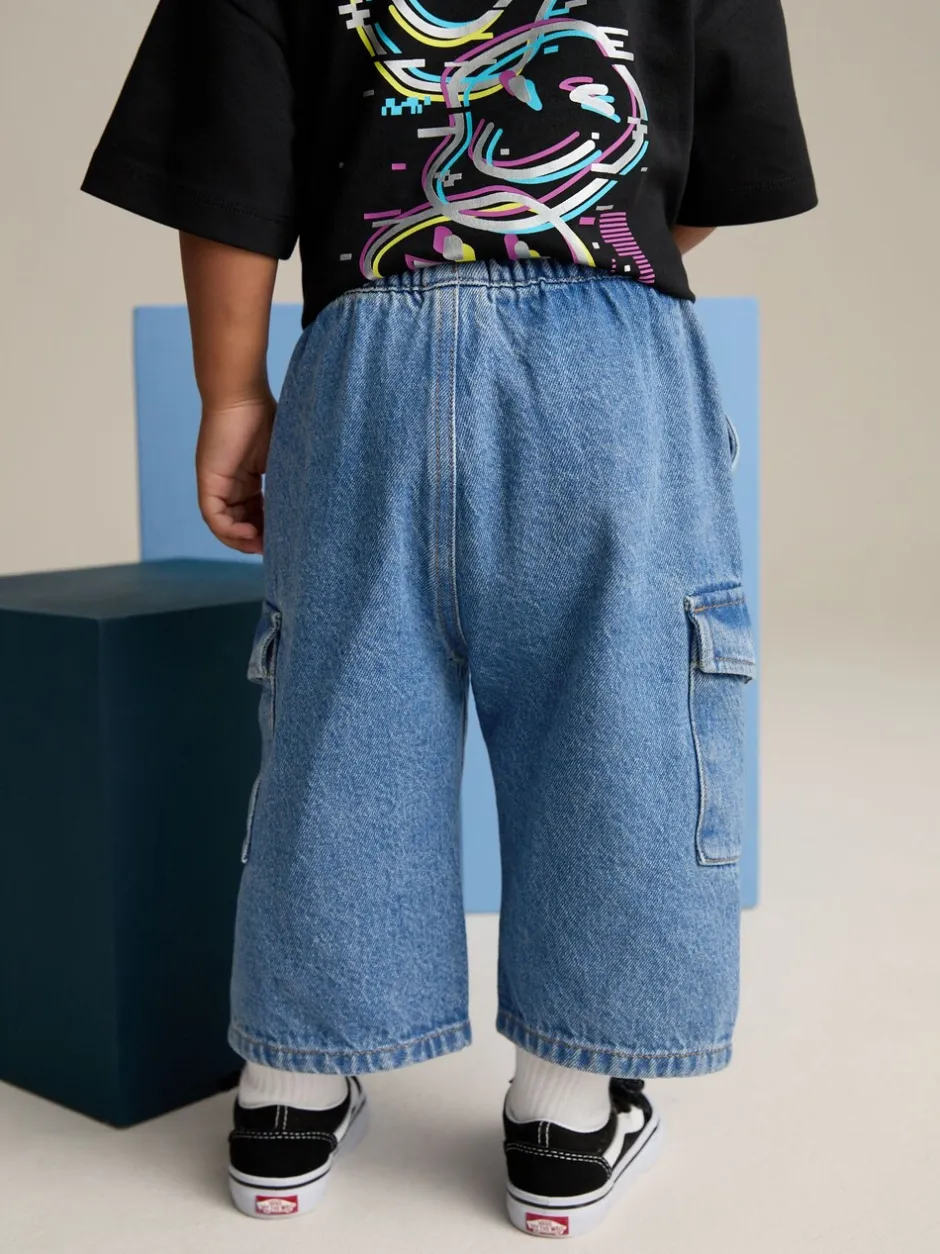 Jeans En Joggingbroeken|Jeans*Next - 100% katoenen cargobroek met wijde pijpen en elastische taille (3mnd-7jr) Middenblauw denim