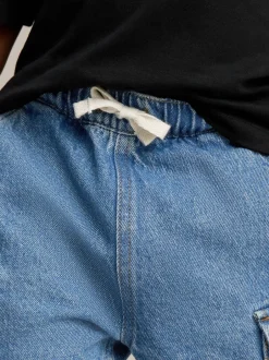 Jeans En Joggingbroeken|Jeans*Next - 100% katoenen cargobroek met wijde pijpen en elastische taille (3mnd-7jr) Middenblauw denim
