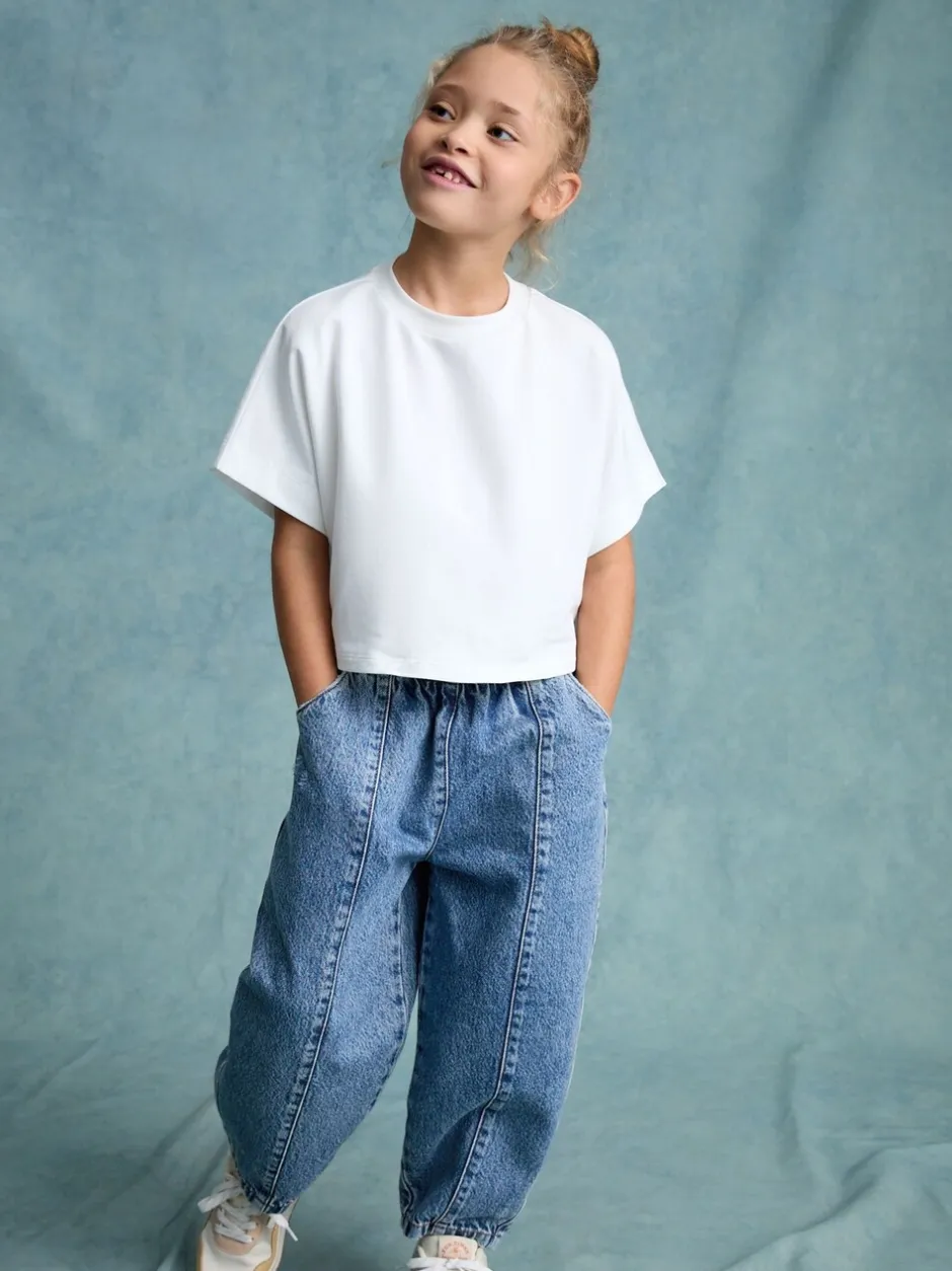 Jeans|Next - Barrel jeans met elastische taille (3-16jr) Middenblauw denim