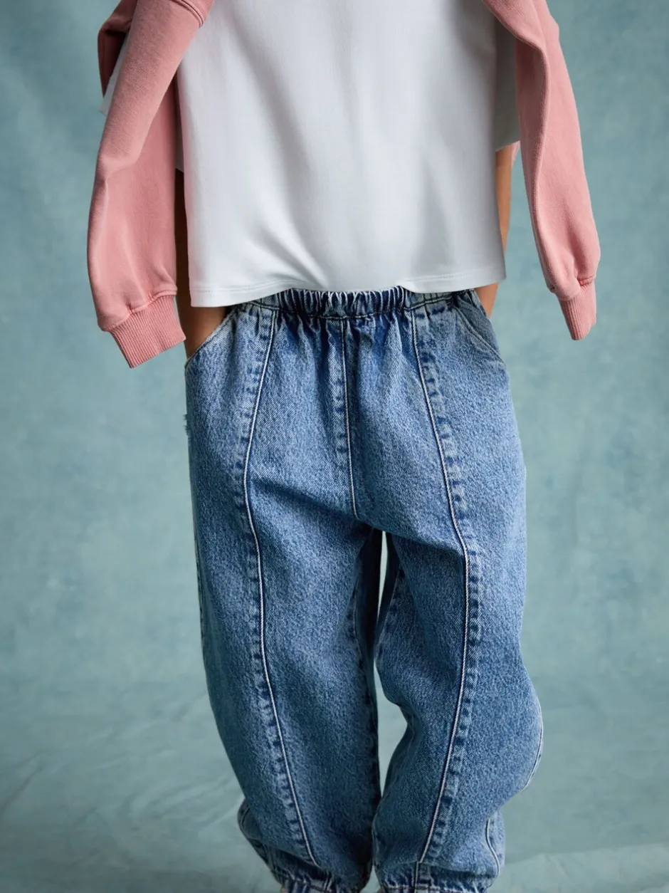 Jeans|Next - Barrel jeans met elastische taille (3-16jr) Middenblauw denim