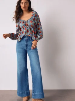 Jeans*Next - High Rise stretchy Jeans met wijde pijpen Middenblauw denim