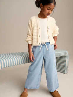 Jeans|Next - Jeans met elastische taille en wijde pijpen (3-16jr) Middenblauw denim
