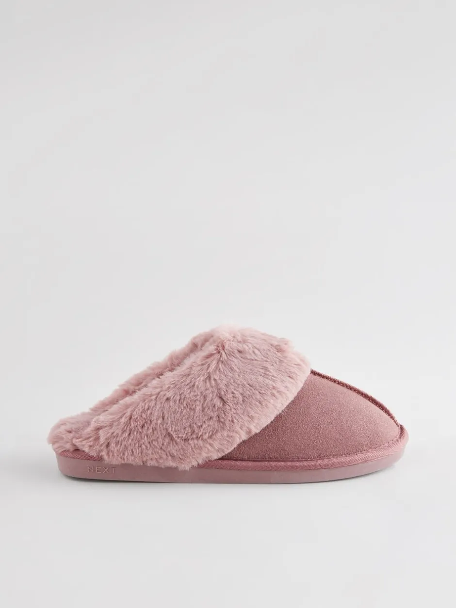 Pantoffels|Loungewear|Next Mink roze - Met imitatiebont gevoerde suède pantoffelmuiltjes