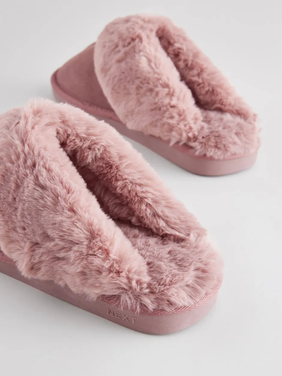 Pantoffels|Loungewear|Next Mink roze - Met imitatiebont gevoerde suède pantoffelmuiltjes
