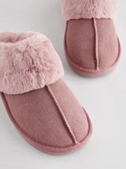 Pantoffels|Loungewear|Next Mink roze - Met imitatiebont gevoerde suède pantoffelmuiltjes