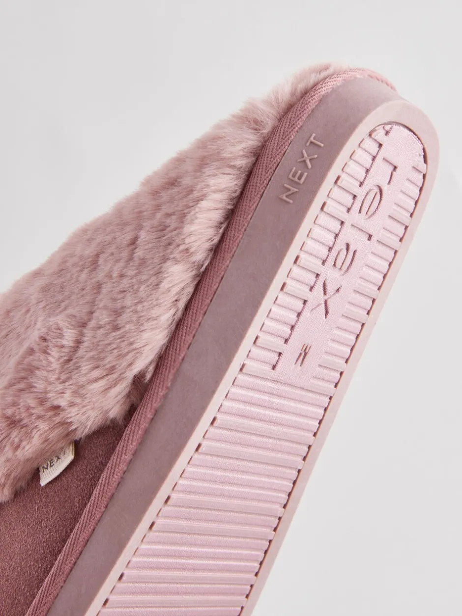Pantoffels|Loungewear|Next Mink roze - Met imitatiebont gevoerde suède pantoffelmuiltjes