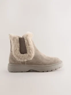 Boots|Next Mink-bruin suède - Met imitatiebont gevoerde Chelsea Boots