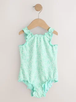 Badkleding|Badkleding|Next - Lettuce Edge Swimsuit (3mths-7yrs) Mint Green Floral Texture