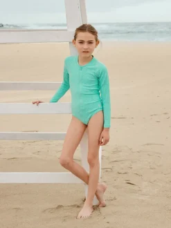 Badkleding|Next - Textured Long Sleeve Sunsafe Swimsuit (3-16yrs) Mint Green Shell