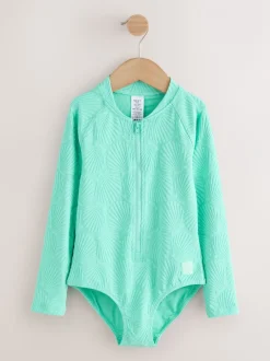 Badkleding|Next - Textured Long Sleeve Sunsafe Swimsuit (3-16yrs) Mint Green Shell