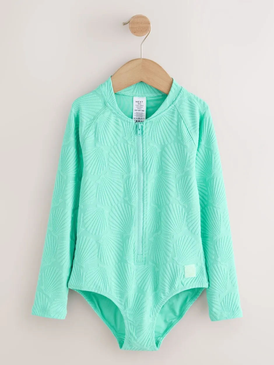 Badkleding|Next - Textured Long Sleeve Sunsafe Swimsuit (3-16yrs) Mint Green Shell