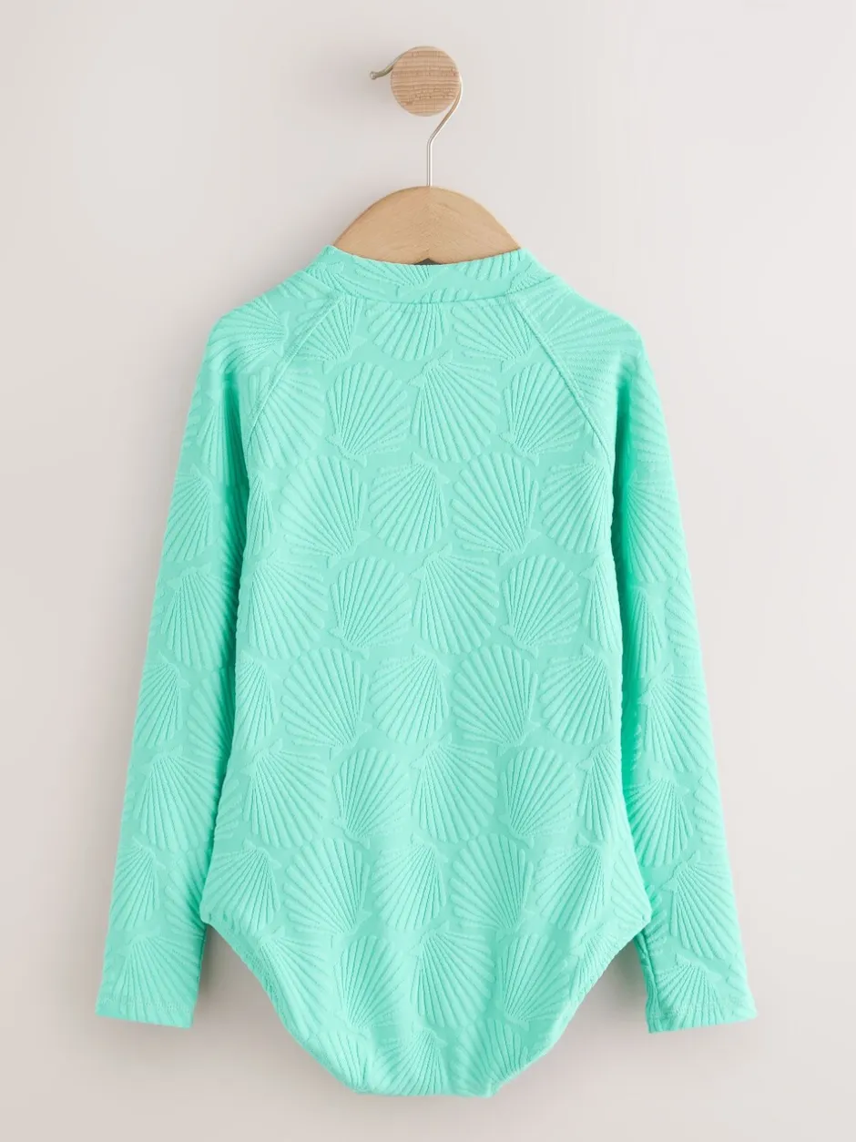 Badkleding|Next - Textured Long Sleeve Sunsafe Swimsuit (3-16yrs) Mint Green Shell
