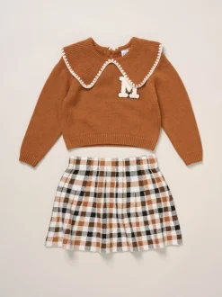 Shorts En Rokken|Miss True Knit Brown Jumper with Woven Collar and Check Skirt Set