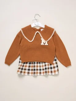 Shorts En Rokken|Miss True Knit Brown Jumper with Woven Collar and Check Skirt Set