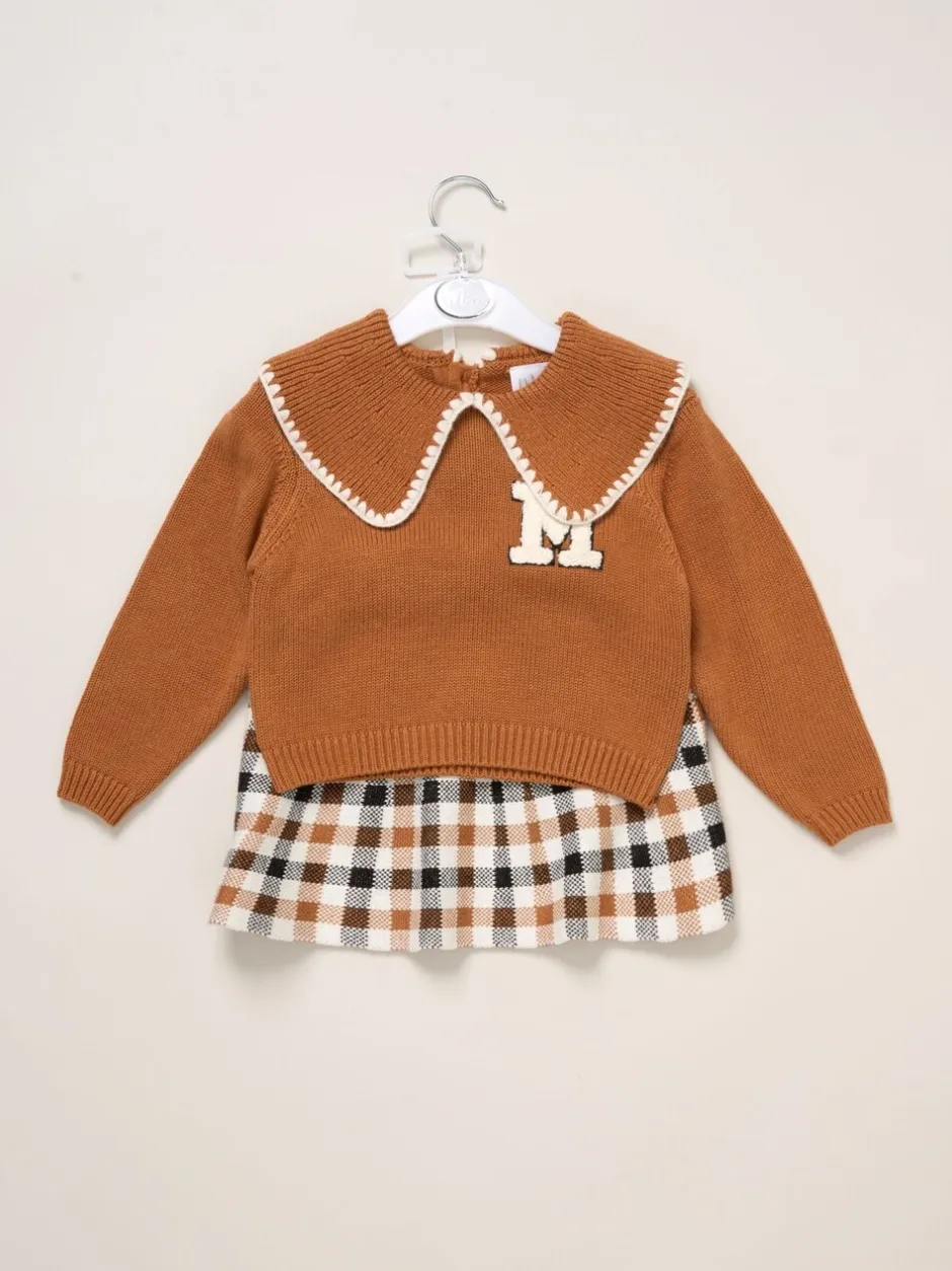 Shorts En Rokken|Miss True Knit Brown Jumper with Woven Collar and Check Skirt Set
