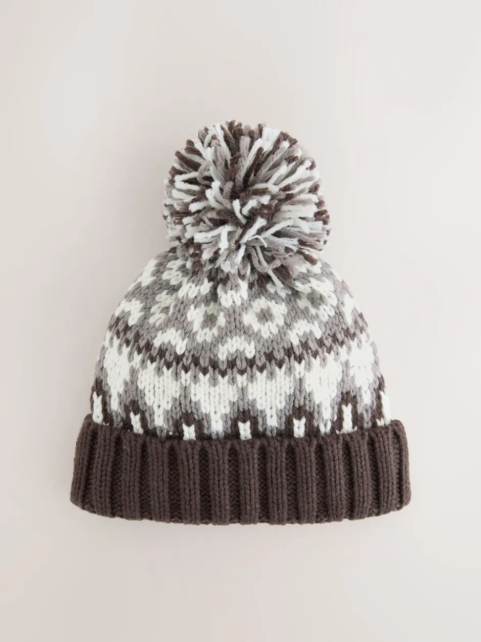 Mutsen, Handschoenen En Sjaals|Next - Beanie-muts met pompon (3mnd-16jr) Mocha Bruin Fairisle