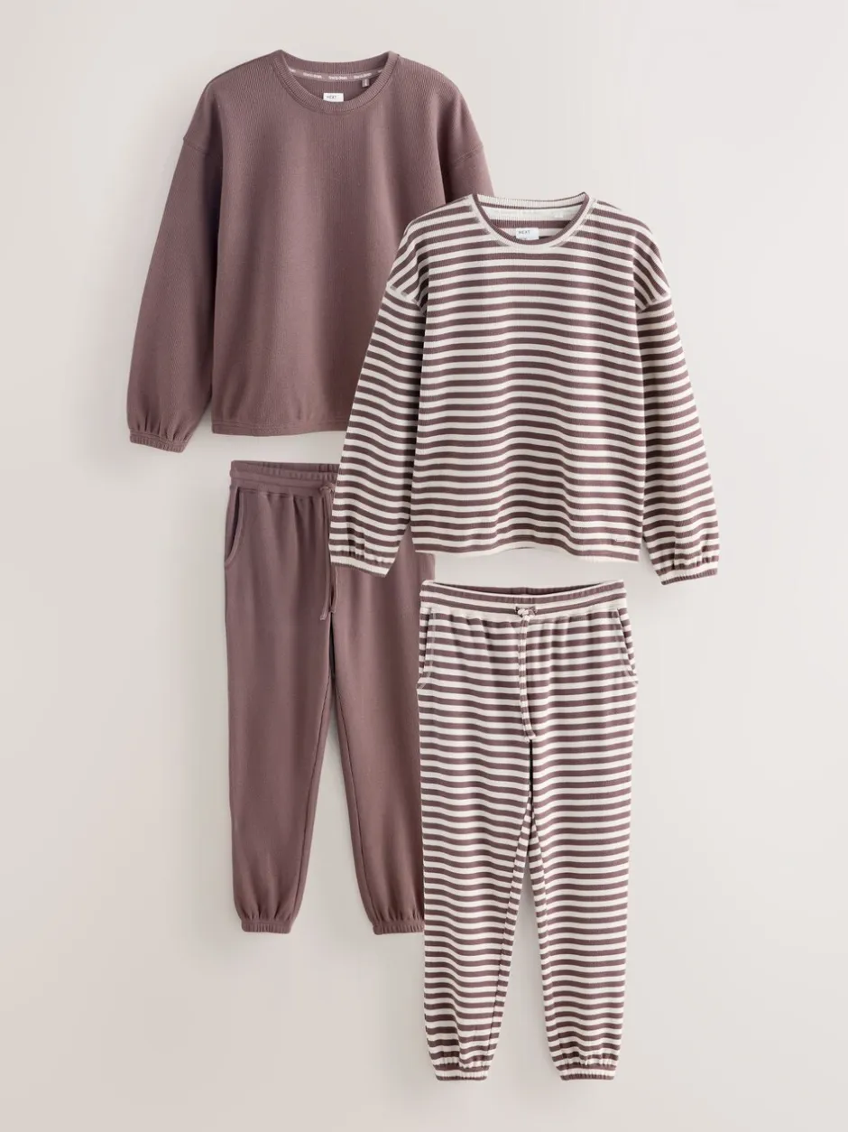 Pyjama's|Loungewear*Next Mokkabruin gestreept - Cosy Waffle Long Sleve Pyjamas 2 Pack