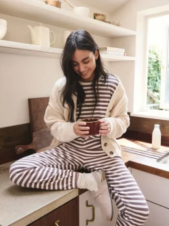 Pyjama's|Loungewear*Next Mokkabruin gestreept - Cosy Waffle Long Sleve Pyjamas 2 Pack