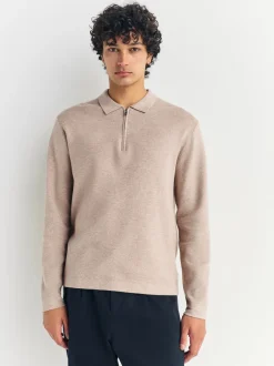 Poloshirts|Next Moutkleurig - Half met rits - Regular Fit Premium Mid Weight Long Sleeve Knit Polo Shirt