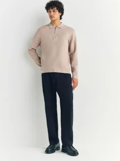 Poloshirts|Next Moutkleurig - Half met rits - Regular Fit Premium Mid Weight Long Sleeve Knit Polo Shirt