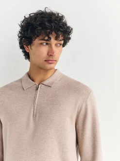 Poloshirts|Next Moutkleurig - Half met rits - Regular Fit Premium Mid Weight Long Sleeve Knit Polo Shirt