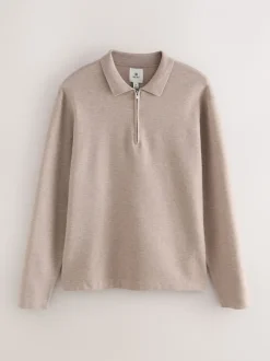 Poloshirts|Next Moutkleurig - Half met rits - Regular Fit Premium Mid Weight Long Sleeve Knit Polo Shirt