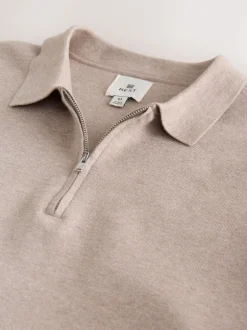 Poloshirts|Next Moutkleurig - Half met rits - Regular Fit Premium Mid Weight Long Sleeve Knit Polo Shirt