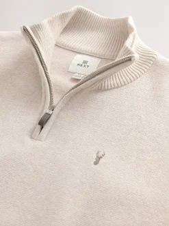 Gebreide Kleding|Next - Hertlogo - Regular fit 100% katoenen premium trui met korte rits Moutkleurig
