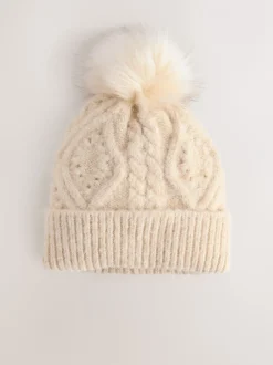 Mutsen, Handschoenen En Sjaals|Next Moutkleurig - Pointelle Knit Pom Hat