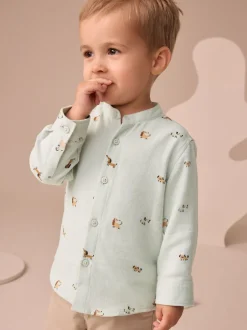 Shirts|Next - Overhemd met lange mouwen, opa-kraag en print met figuren (3mnd-7jr) Muntgroene hond