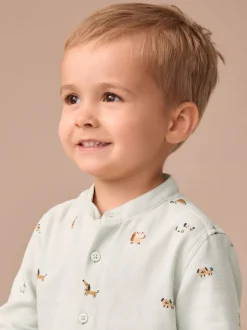 Shirts|Next - Overhemd met lange mouwen, opa-kraag en print met figuren (3mnd-7jr) Muntgroene hond
