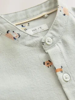 Shirts|Next - Overhemd met lange mouwen, opa-kraag en print met figuren (3mnd-7jr) Muntgroene hond