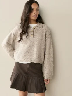 Gebreide Kleding|Next - Boucle Long Sleeve Polo Jumper Naturel Gemêleerd