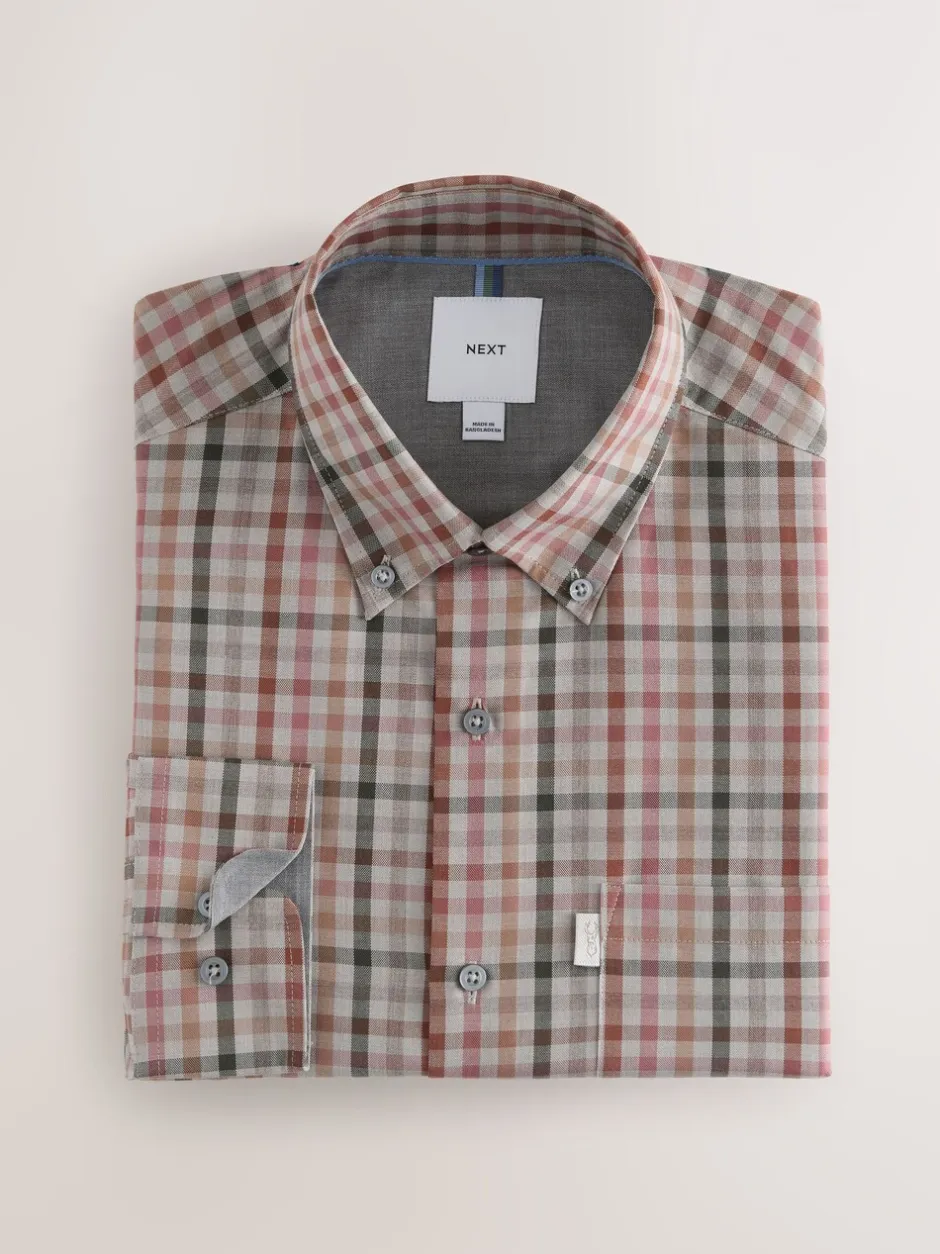 Shirts|Next Naturel met gingham-ruit - Eenvoudig te strijken Oxford-overhemd met knopen en standaard pasvorm