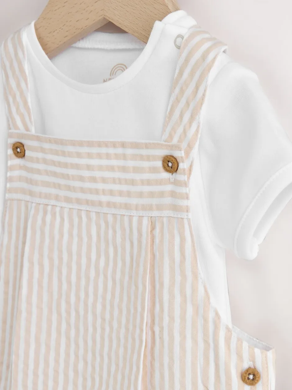 Rompertjes En Tuinbroeken*Next - Geweven bretelbroeken en bodysuit babyset (0mnd -2jr) Naturel met strepen