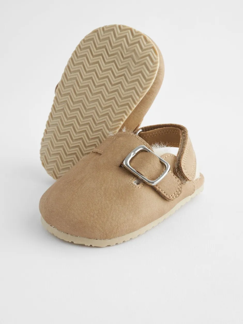 Babyschoenen|Next - Babyklompen (0-18mnd) Naturel met voering van imitatiebont
