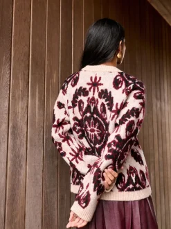 Gebreide Kleding|Next Naturel/Bordeauxrood - Statement trui met Paisley en ronde hals