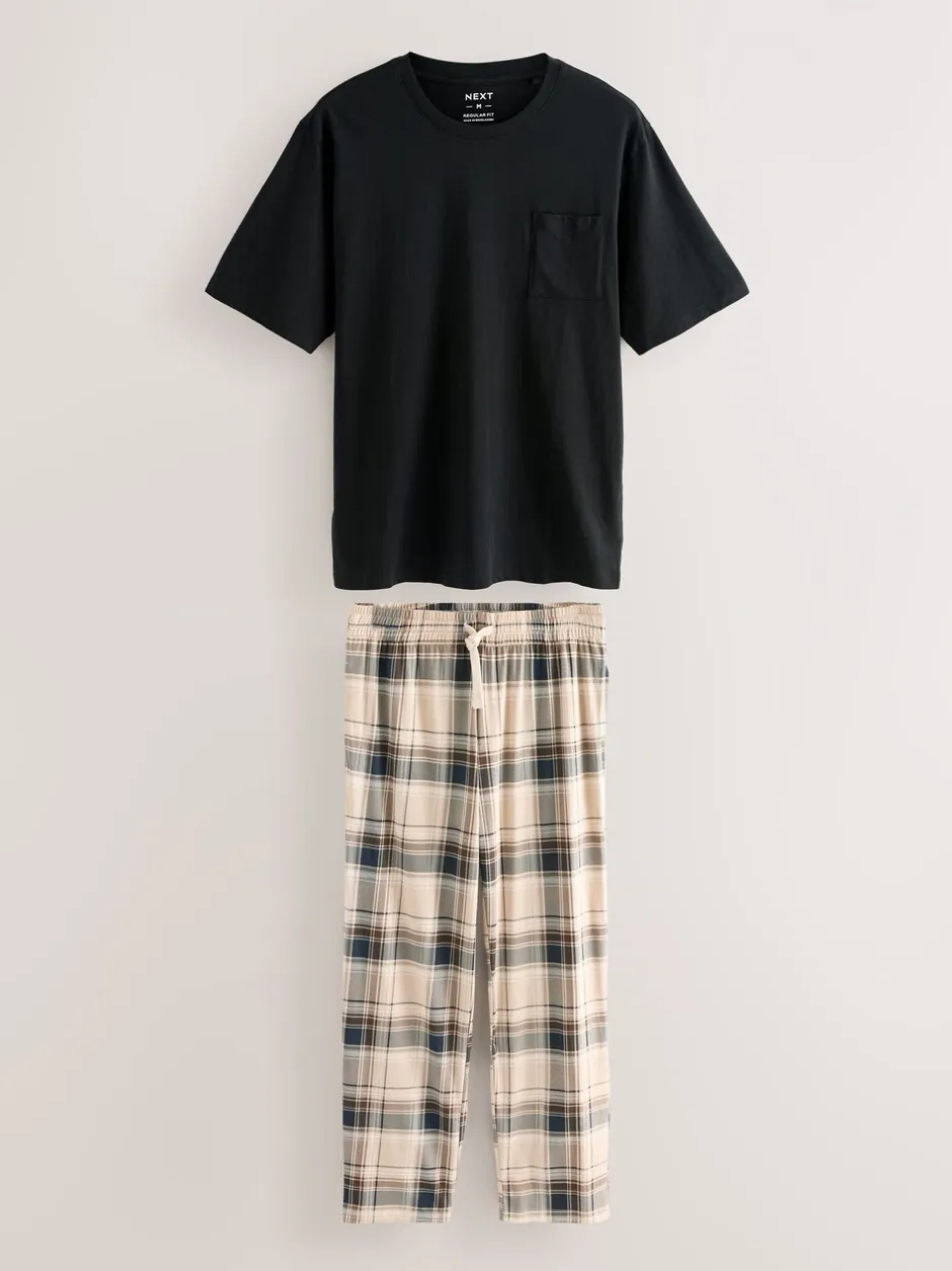Pyjama's|Loungewear*Next - Jersey pyjama met korte mouwen Naturel/zwart geruit