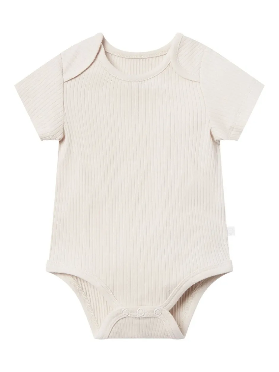 Rompertjes En Hemdjes*Mori - Ribbed Stretch Short Sleeve Bodysuit Natuurlijk