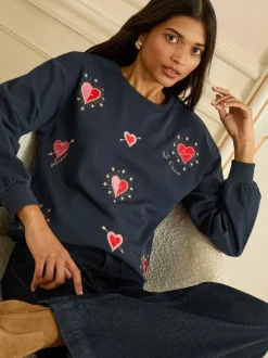 Hoody's En Sweatshirts*Love & Roses Navy Blue Heart Embroidery - - Jersey sweatshirt met ronde hals