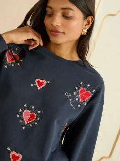 Hoody's En Sweatshirts*Love & Roses Navy Blue Heart Embroidery - - Jersey sweatshirt met ronde hals