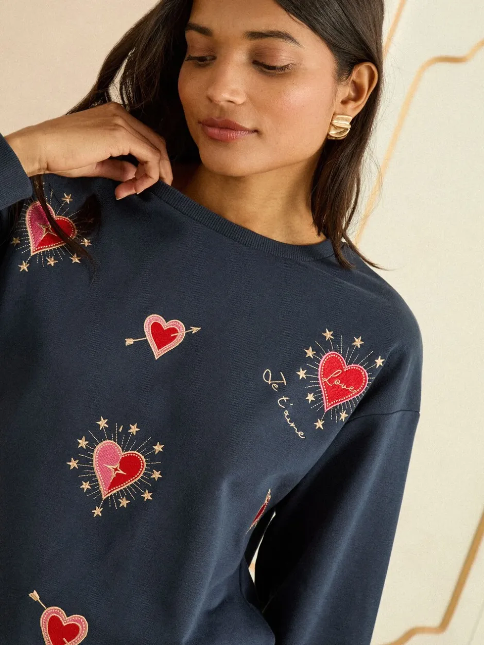 Hoody's En Sweatshirts*Love & Roses Navy Blue Heart Embroidery - - Jersey sweatshirt met ronde hals