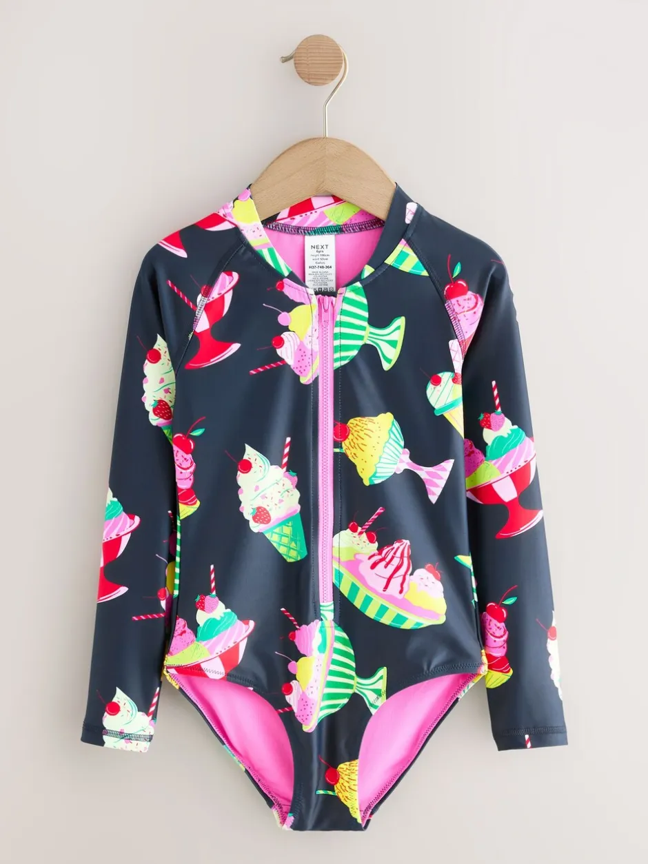 Badkleding|Next Navy Blue Ice Cream - Long Sleeve Sunsafe Swimsuit (3mths-16yrs)