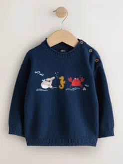 Truien En Breisels|Next Navy Blue Sealife - Character Knitted Crew Neck Jumper (3mths-7yrs)
