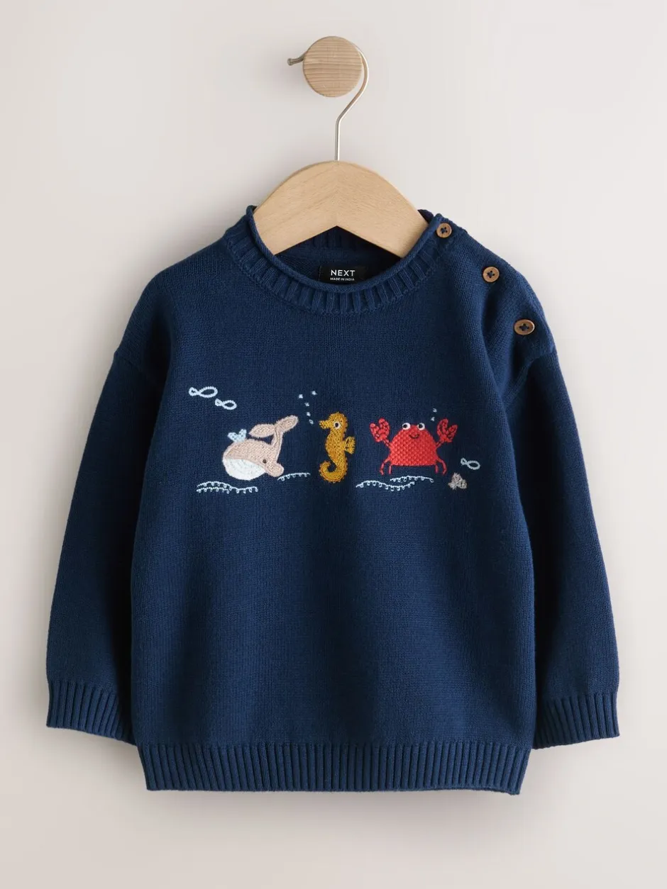 Truien En Breisels|Next Navy Blue Sealife - Character Knitted Crew Neck Jumper (3mths-7yrs)
