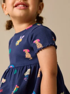 Jurken|Jurken|Next - Short Sleeve Ribbed Dress (3mths-7yrs) Navy Pets
