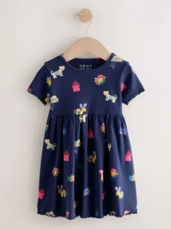 Jurken|Jurken|Next - Short Sleeve Ribbed Dress (3mths-7yrs) Navy Pets